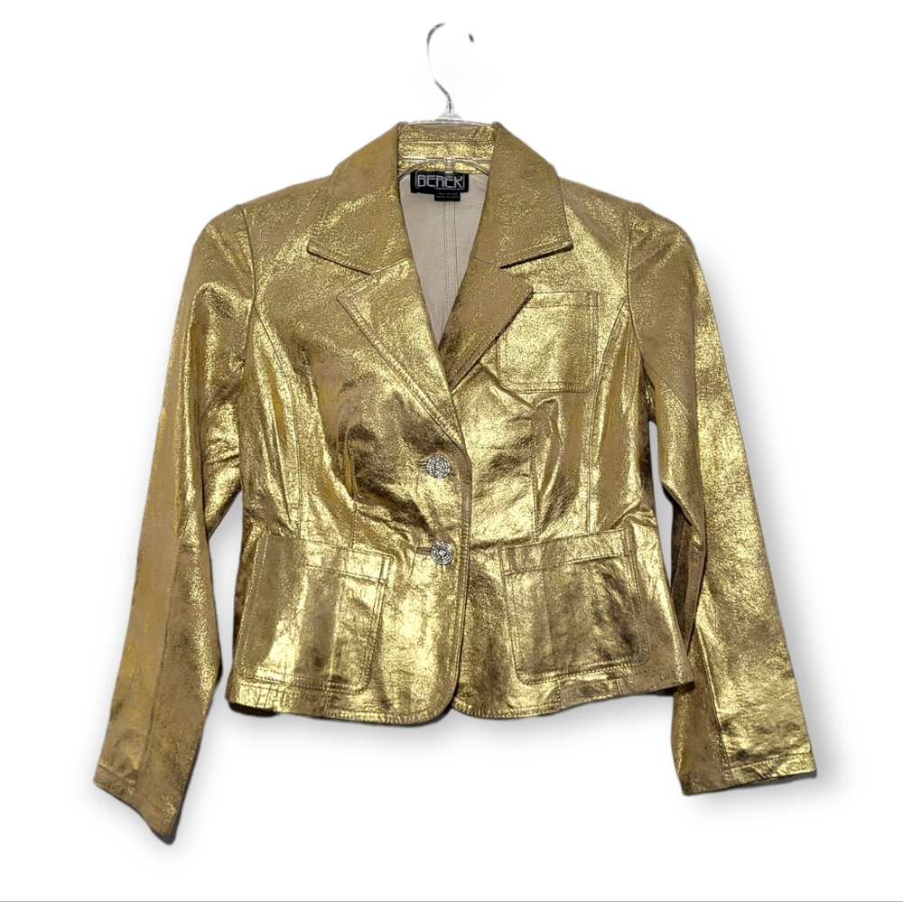 BEREK Vintage Gold Shimmery Leather Jacket with Rhinestone Buttons size PP